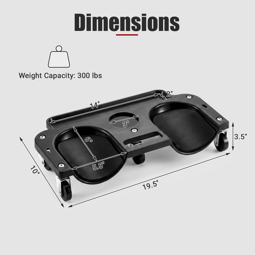 Rolling knee creeper with 360° swivel casters features contoured EVA foam pads and two built-in trays for tools.