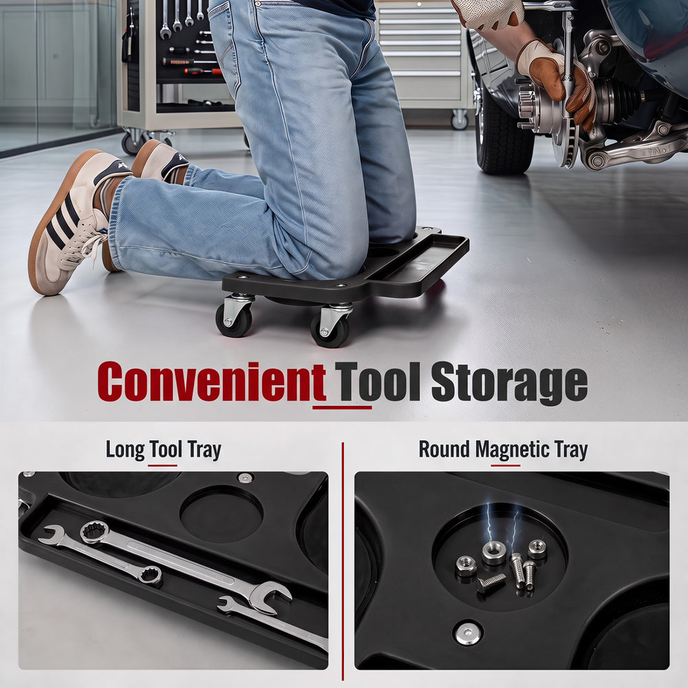 Rolling knee creeper with 360° swivel casters and built-in trays for convenient tool storage during repairs.