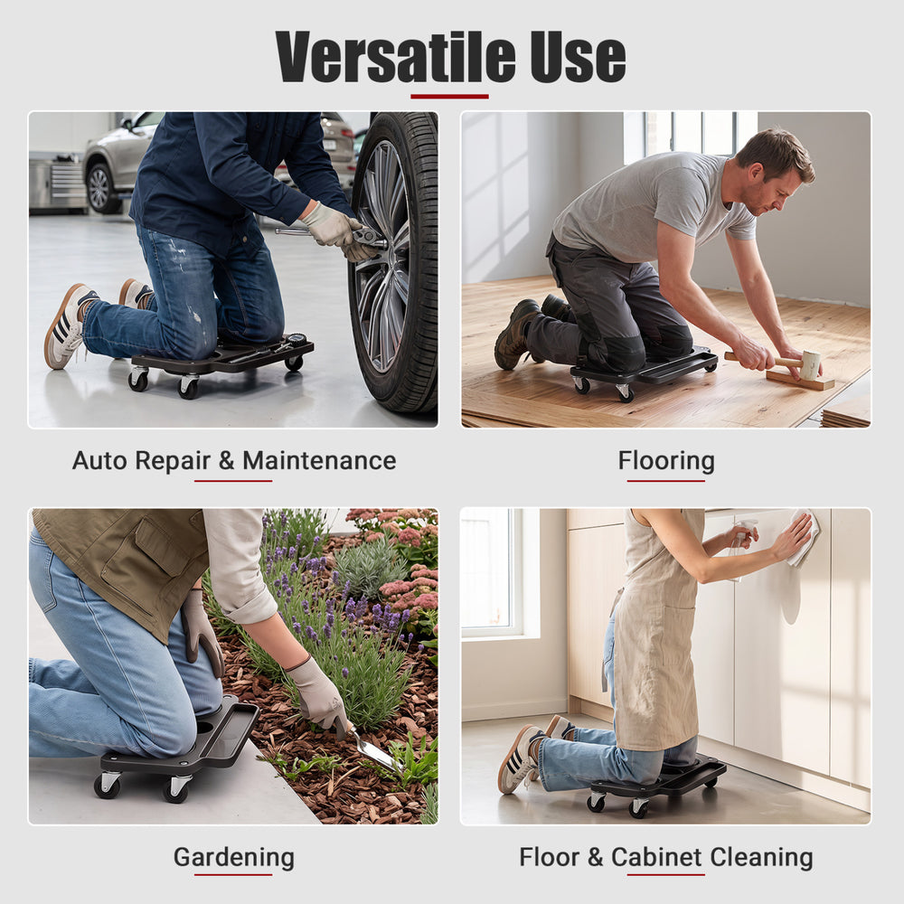 Rolling knee creeper with 360° swivel casters and EVA foam pads, ideal for auto repair, gardening, and cleaning tasks.