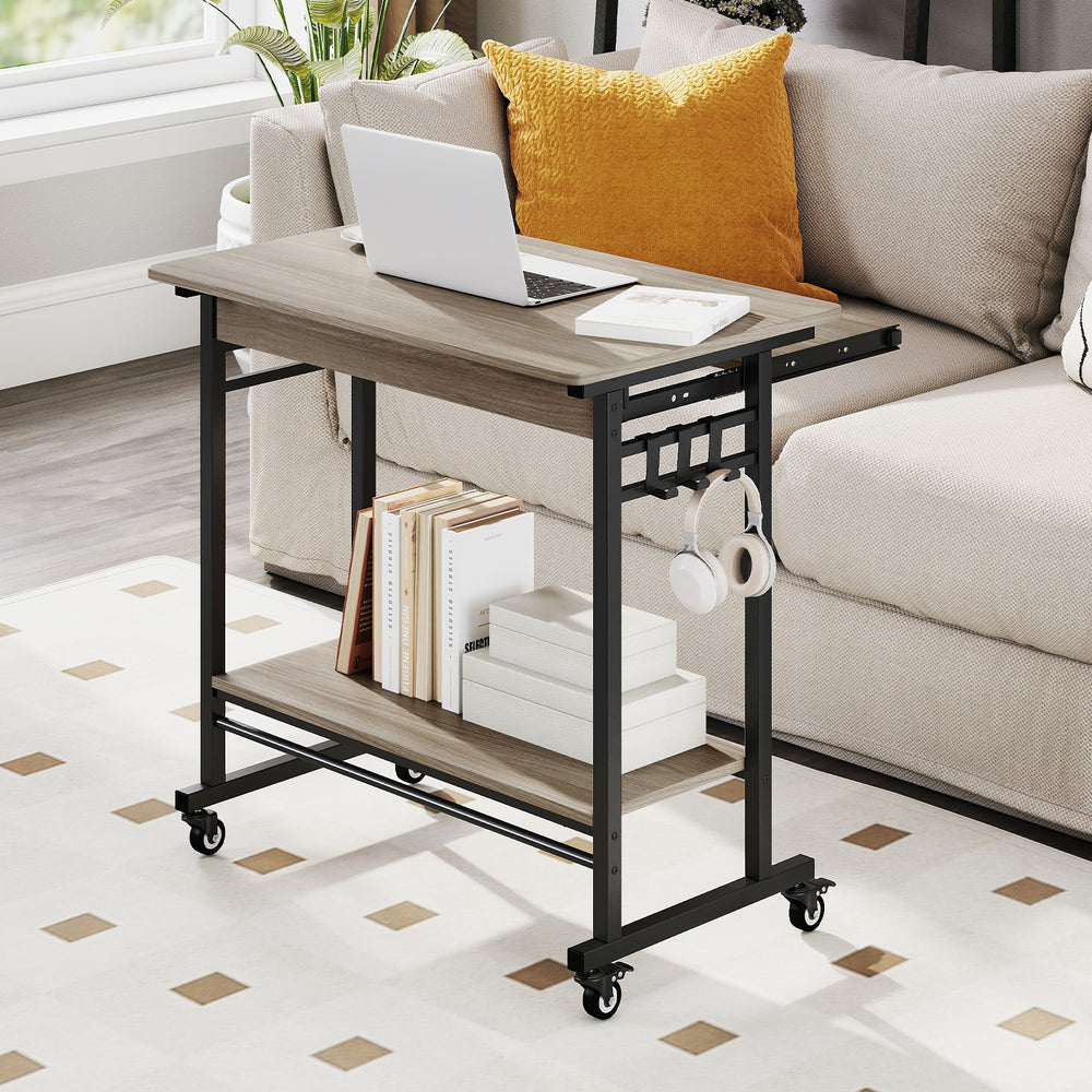 Rolling Laptop Table with Pull-out Keyboard Tray and Hooks-Grey - Gallery View 1 of 11
