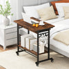 Rolling laptop table in rustic brown with pull-out keyboard tray and hooks, ideal for home office use.