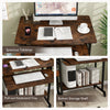 Rolling laptop table in rustic brown with pull-out keyboard tray, bottom shelf, and hooks for flexible storage.