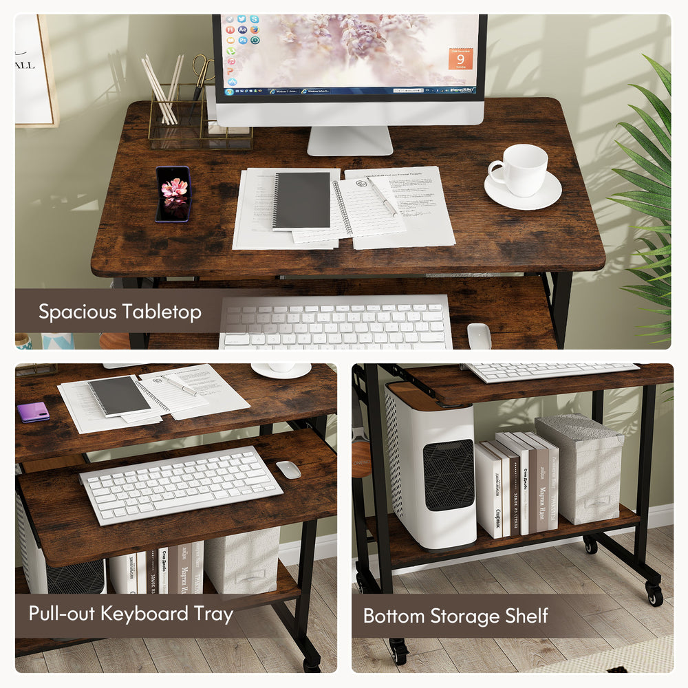 Rolling laptop table in rustic brown with pull-out keyboard tray, bottom shelf, and hooks for flexible storage.