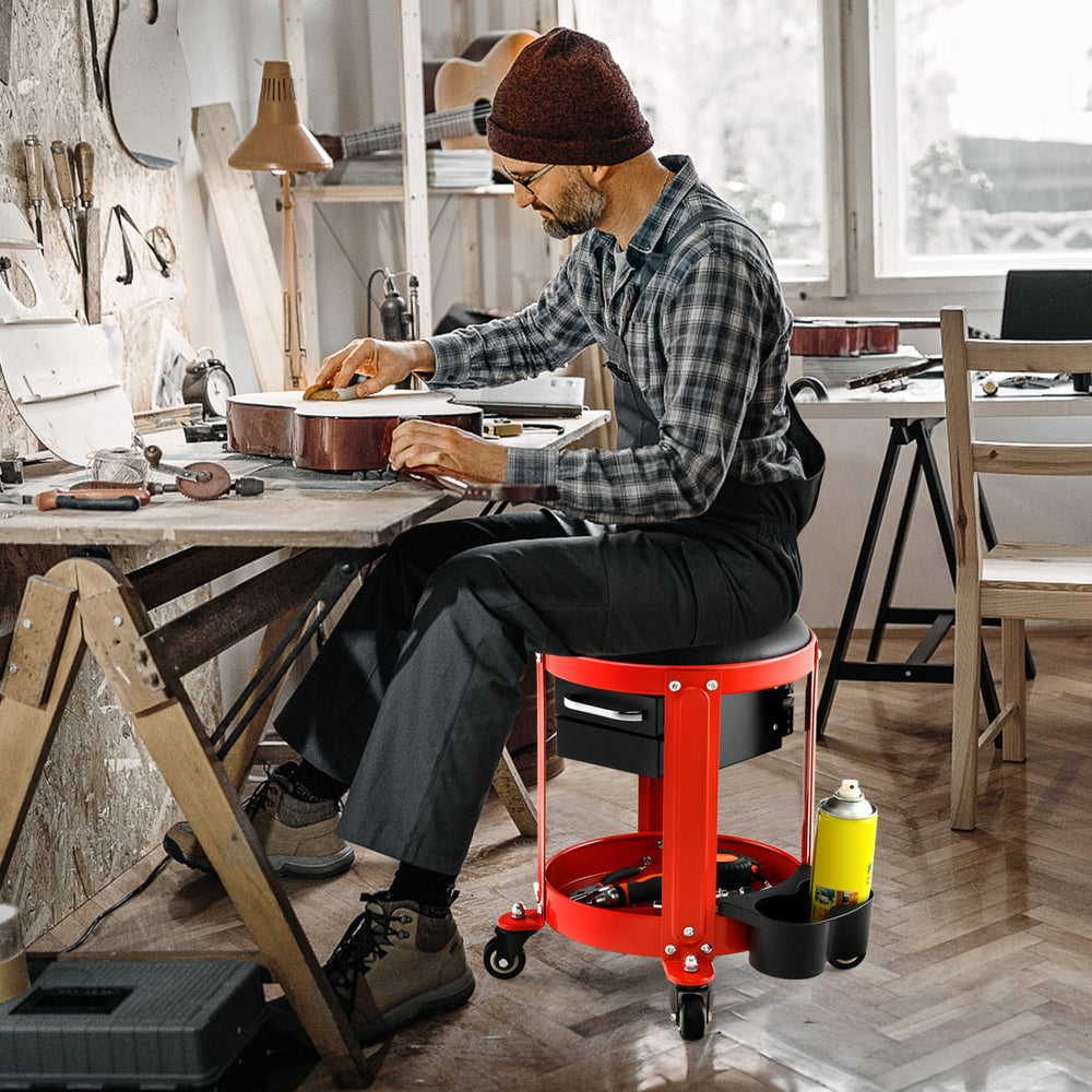 Rolling Mechanic Stool with Removable Padded Seat and Drawers-Red - Gallery View 1 of 11