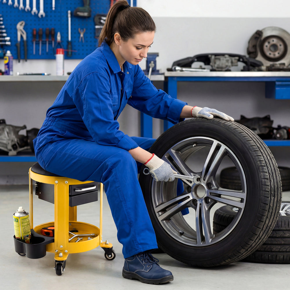 Rolling mechanic stool with padded seat and drawers in yellow, ideal for comfortable tool access and mobility in.