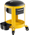 Rolling mechanic stool in yellow with padded seat, two drawers, and tool tray for convenient workspace mobility.