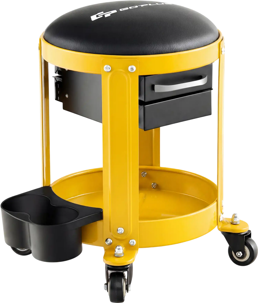 Rolling mechanic stool in yellow with padded seat, two drawers, and tool tray for convenient workspace mobility.