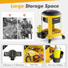 Rolling mechanic stool in yellow with padded seat, tool tray, and drawers for convenient tool storage and mobility.
