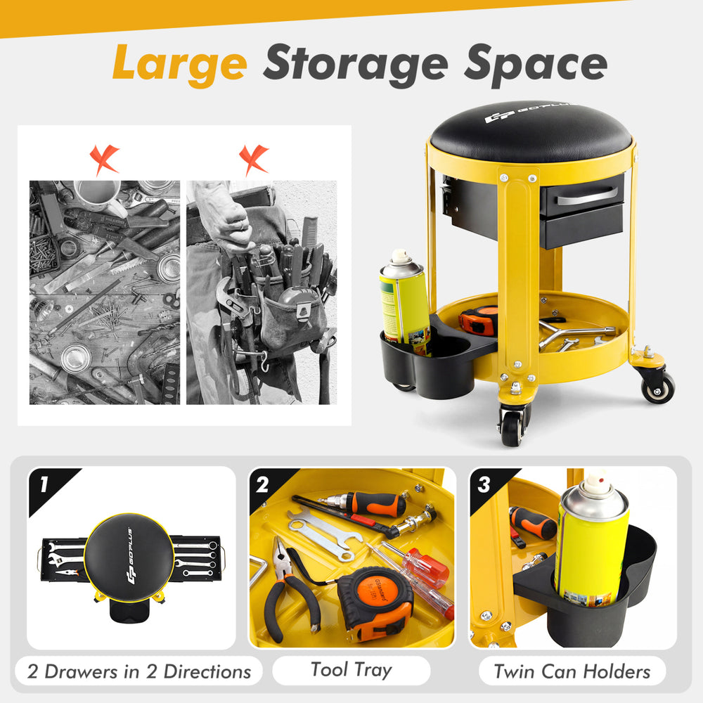 Rolling mechanic stool in yellow with padded seat, tool tray, and drawers for convenient tool storage and mobility.