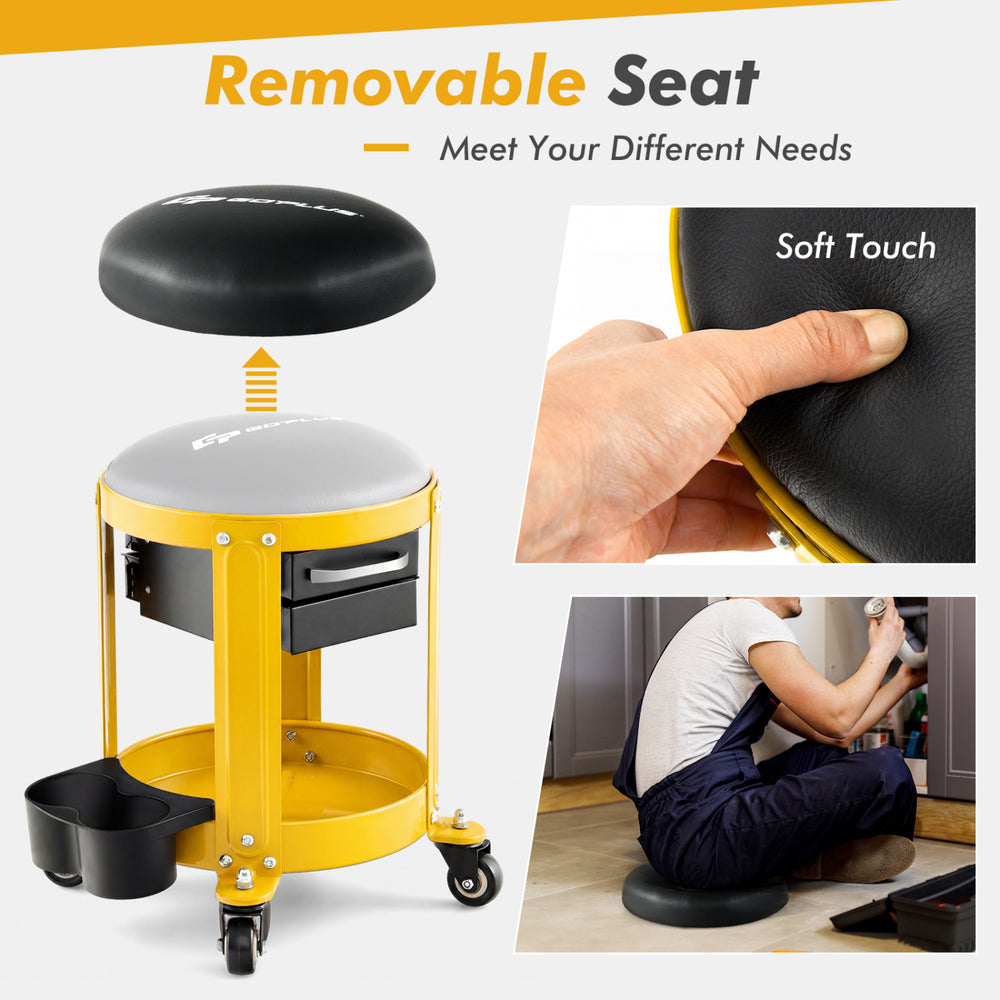 Rolling mechanic stool in yellow with removable padded seat, two drawers, and sturdy metal frame for versatile use.