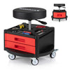 Rolling mechanic stool with cushioned seat, dual tool trays, and 360° rotatable design for garage or repair shop use.