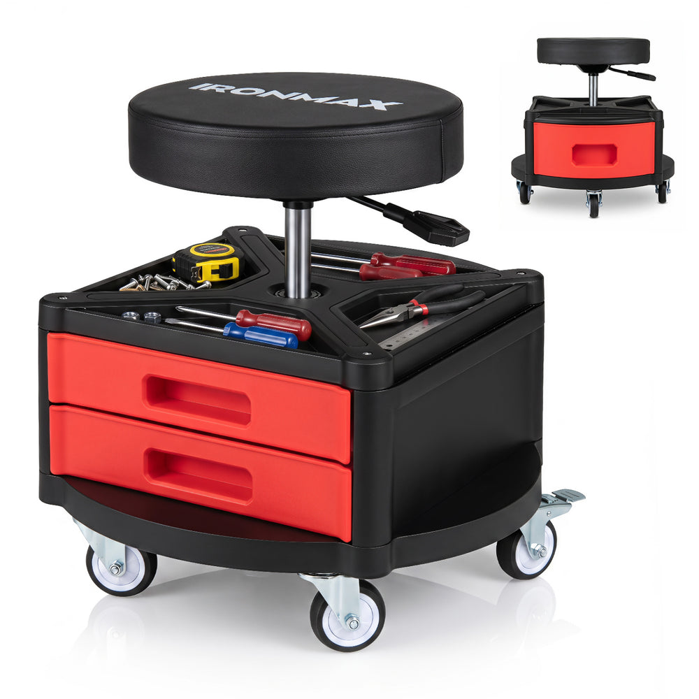 Rolling mechanic stool with cushioned seat, dual tool trays, and 360° rotatable design for garage or repair shop use.