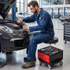 Rolling mechanic stool with cushioned seat, dual tool trays, and 360° rotation, perfect for repair shops and garages.