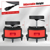 Rolling mechanic stool with adjustable height, cushioned seat, dual tool trays, and 360° swivel for versatile use.