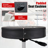 Cushioned seat of the rolling mechanic stool features smooth faux leather, adjustable height, and dual tool trays for convenience.