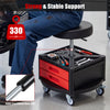 Rolling mechanic stool with cushioned seat, dual tool trays, and SGS certified gas lift, supports up to 330 lbs for versatile use.