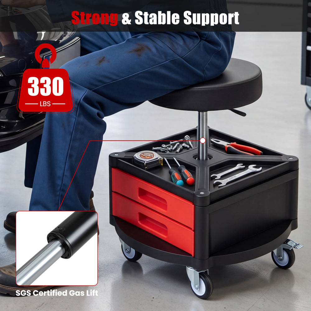 Rolling mechanic stool with cushioned seat, dual tool trays, and SGS certified gas lift, supports up to 330 lbs for versatile use.