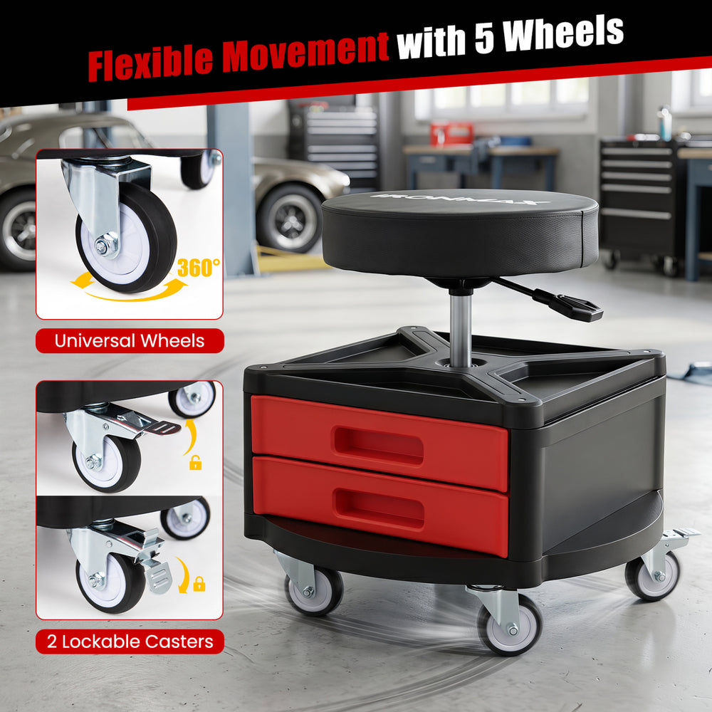 Rolling mechanic stool with cushioned seat, dual tool trays, and 5 wheels for flexible movement in garages and workshops.