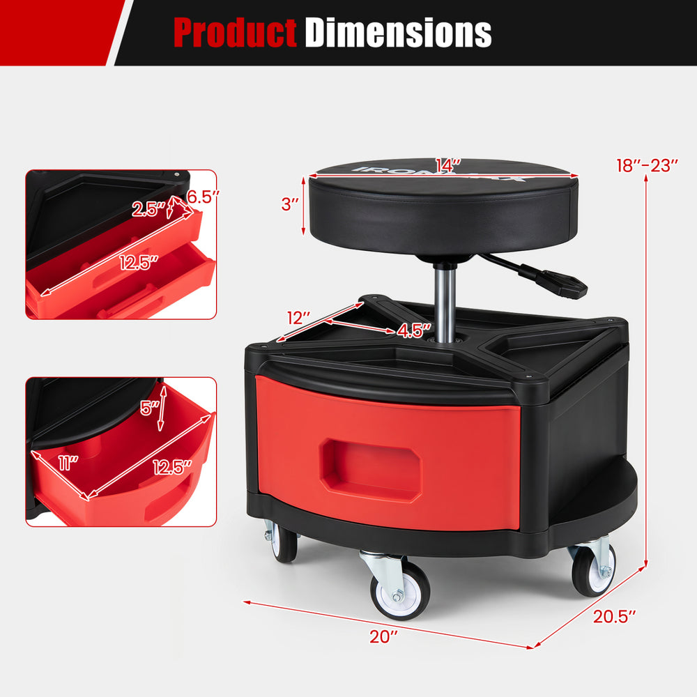 Rolling mechanic stool with cushioned seat, dual tool trays, and adjustable height for garage or repair shop use.