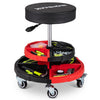 Rolling mechanic stool with a cushioned seat, adjustable height, and two storage trays for tools, ideal for garages.