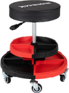Rolling mechanic stool with a cushioned seat, two storage trays, and 360° rotation, perfect for garage and workshop tasks.