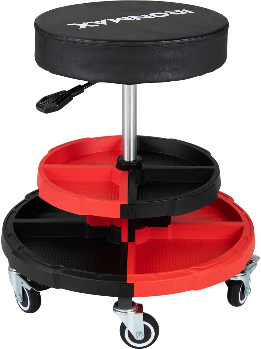 Rolling mechanic stool with a cushioned seat, two storage trays, and 360° rotation, perfect for garage and workshop tasks.