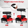 Height-adjustable rolling mechanic stool with cushioned seat, 5 wheels, and 2 storage trays for versatile use.