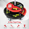 Rolling mechanic stool with cushioned seat, 2-tier tool tray, and 5 wheels for flexible use in repair shops and garages.