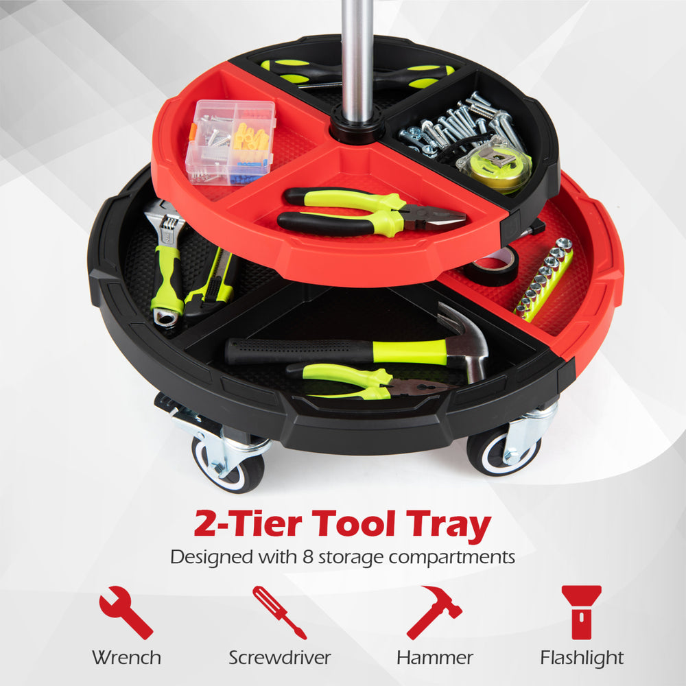 Rolling mechanic stool with cushioned seat, 2-tier tool tray, and 5 wheels for flexible use in repair shops and garages.
