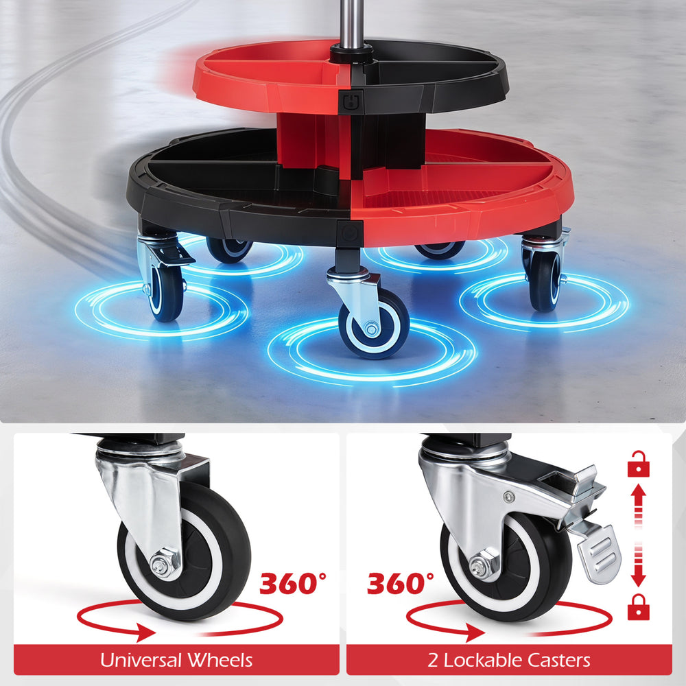Rolling mechanic stool with cushioned seat, 5 universal wheels, and 2 lockable casters for stability and flexibility.