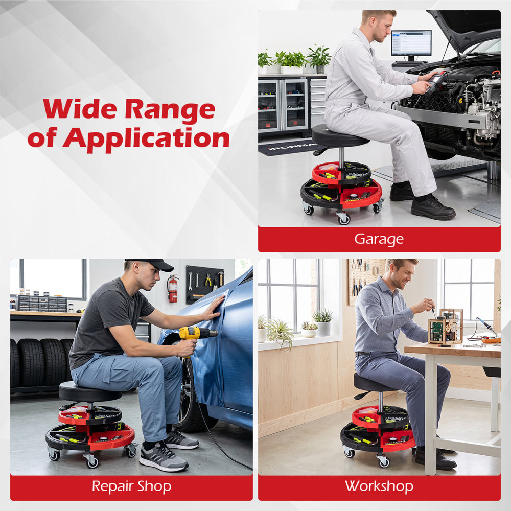 Rolling mechanic stool with cushioned seat, 5 wheels, and tool storage, perfect for garage and repair shop use.