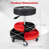 Rolling mechanic stool with cushioned seat, adjustable height, and two storage trays for tools, ideal for garages.