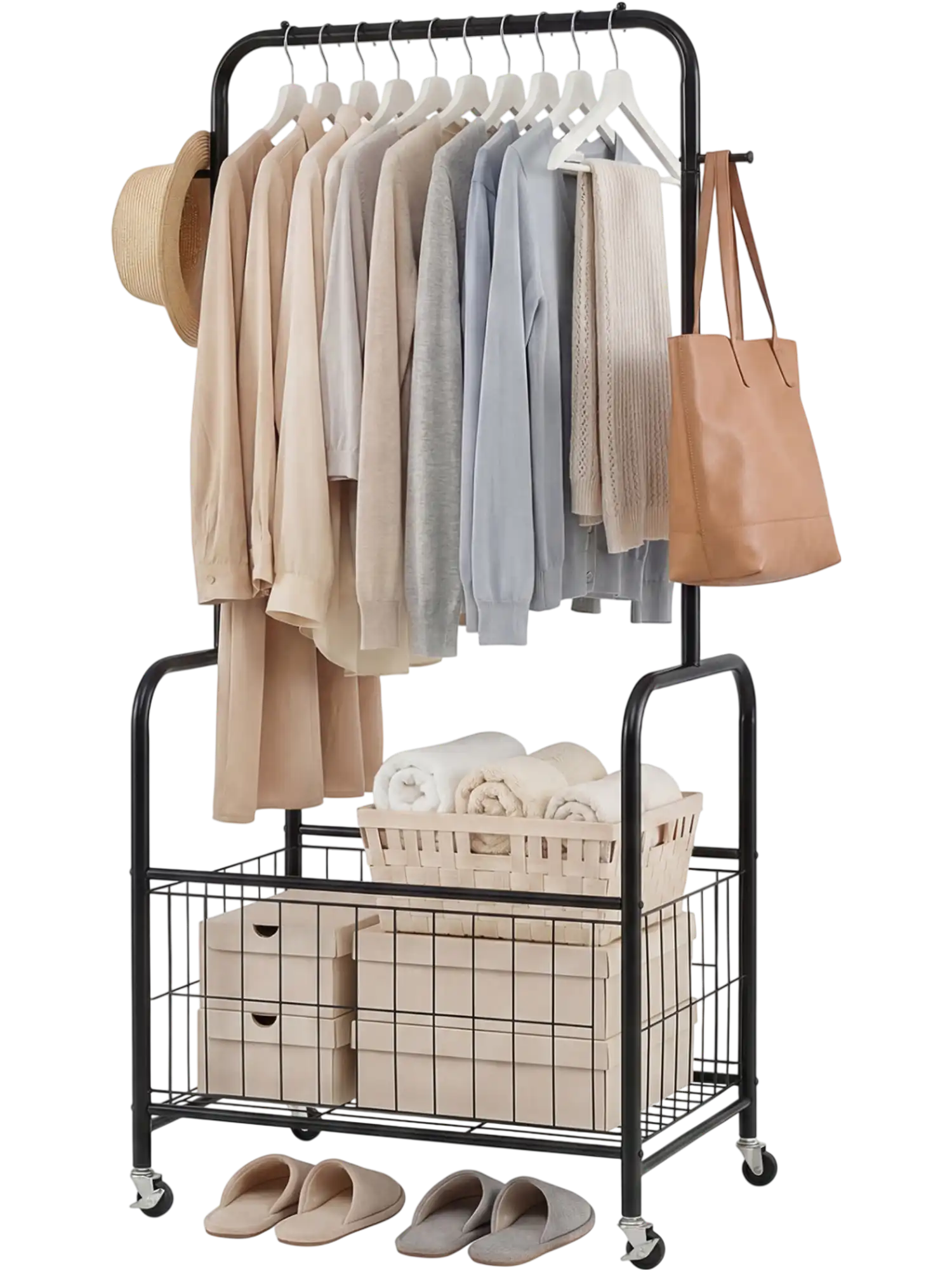Costway Rolling Metal Clothes Rack Hanging Rod Storage Basket 32600020 New