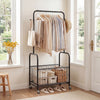 Rolling metal clothes rack in black with hanging rod and storage basket, perfect for organizing clothes and accessories.