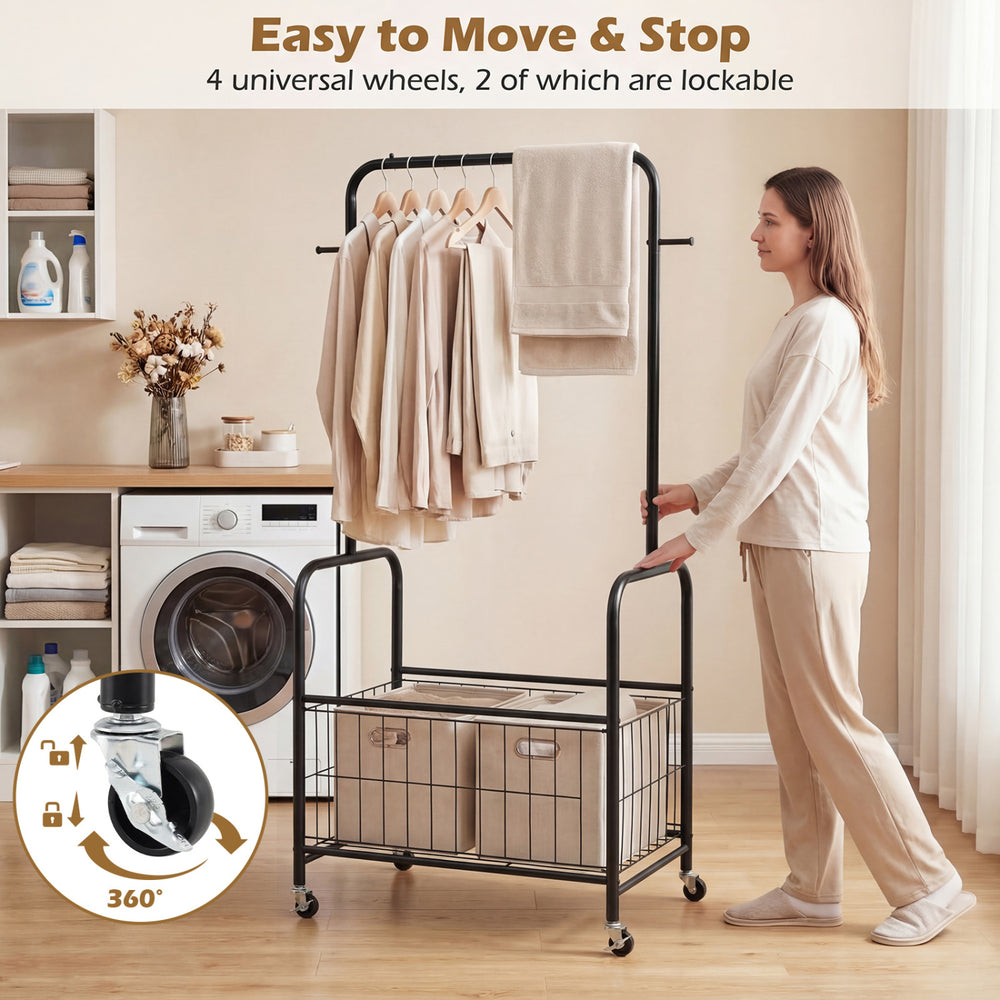Rolling metal clothes rack with hanging rod and storage basket, featuring 4 wheels for easy movement and stability.