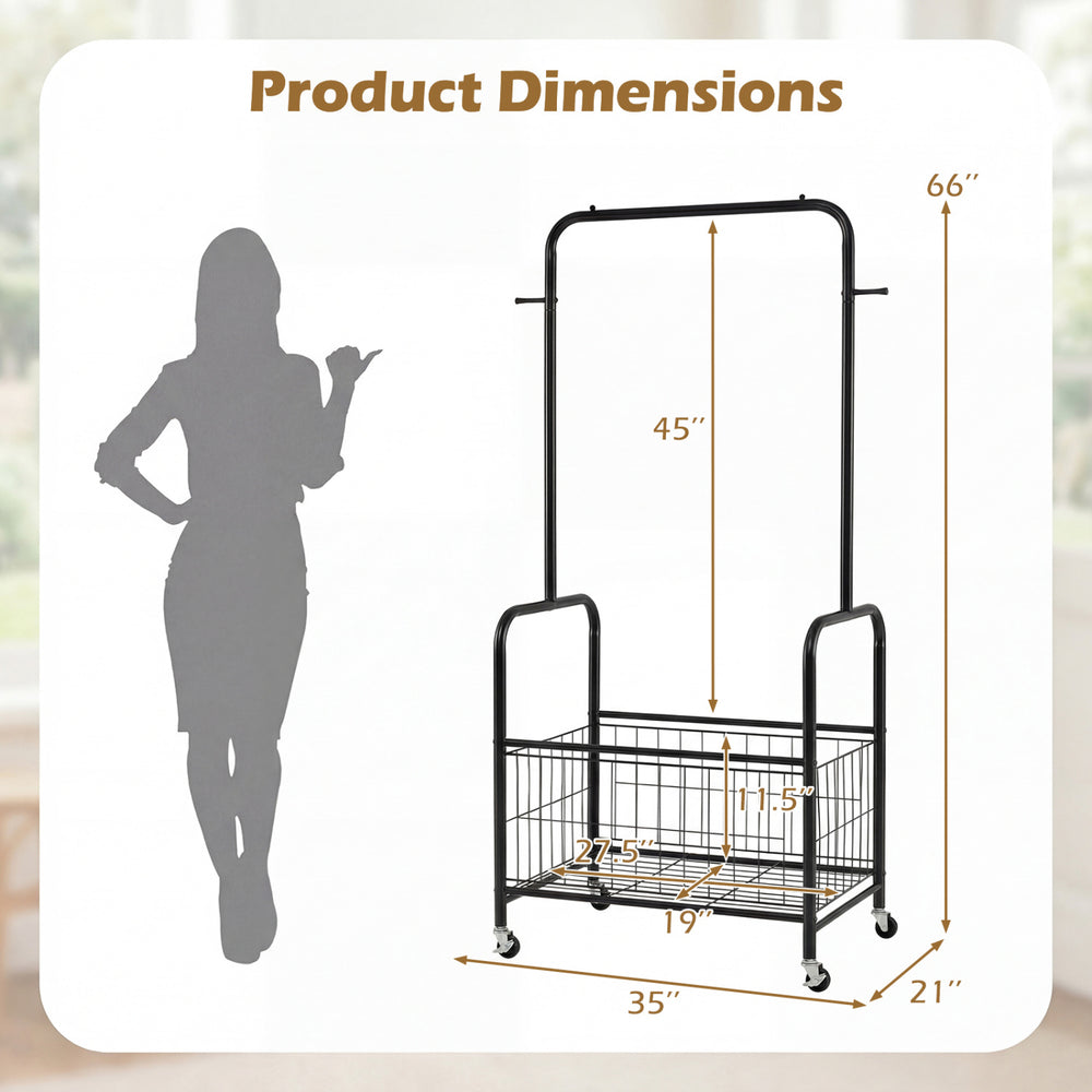 Rolling metal clothes rack with hanging rod and storage basket, 66 inches tall, ideal for organizing clothes and.