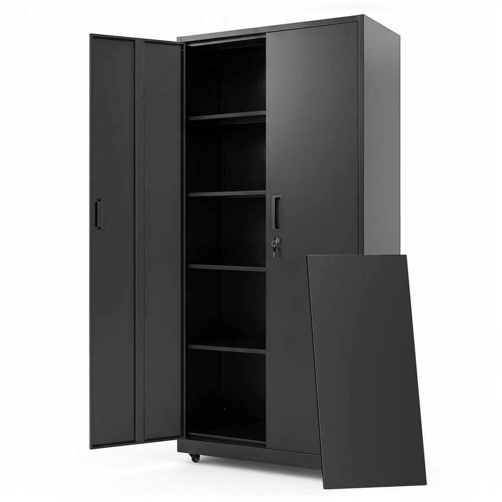 Rolling black metal storage cabinet with adjustable shelves, lockable design, and four smooth wheels for easy mobility.