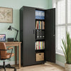 Rolling black metal storage cabinet with adjustable shelves and lockable wheels, perfect for office or utility room organization.