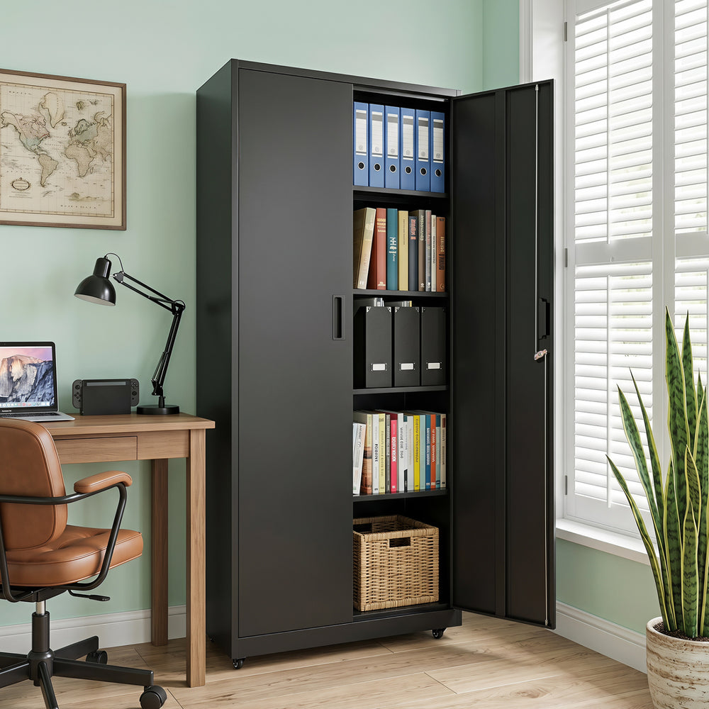 Rolling black metal storage cabinet with adjustable shelves and lockable wheels, perfect for office or utility room organization.