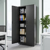 Lockable black rolling metal storage cabinet with adjustable shelves and 4 wheels, perfect for office or utility room organization.