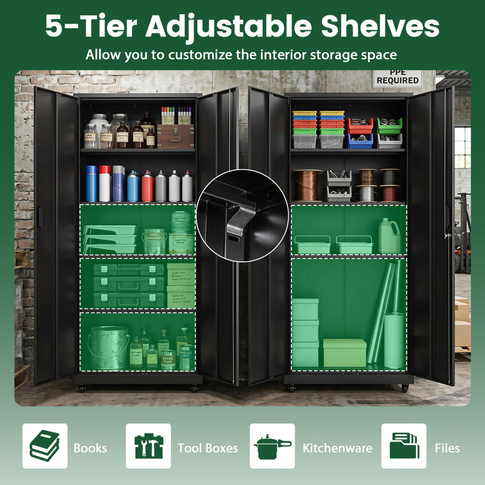 Rolling metal storage cabinet with adjustable shelves, lockable design, and four wheels for easy mobility in any space.