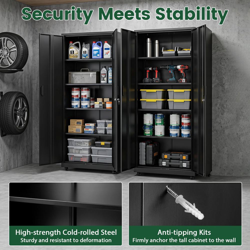 Rolling metal storage cabinet with adjustable shelves, lockable design, and 4 smooth wheels for easy mobility and stability.