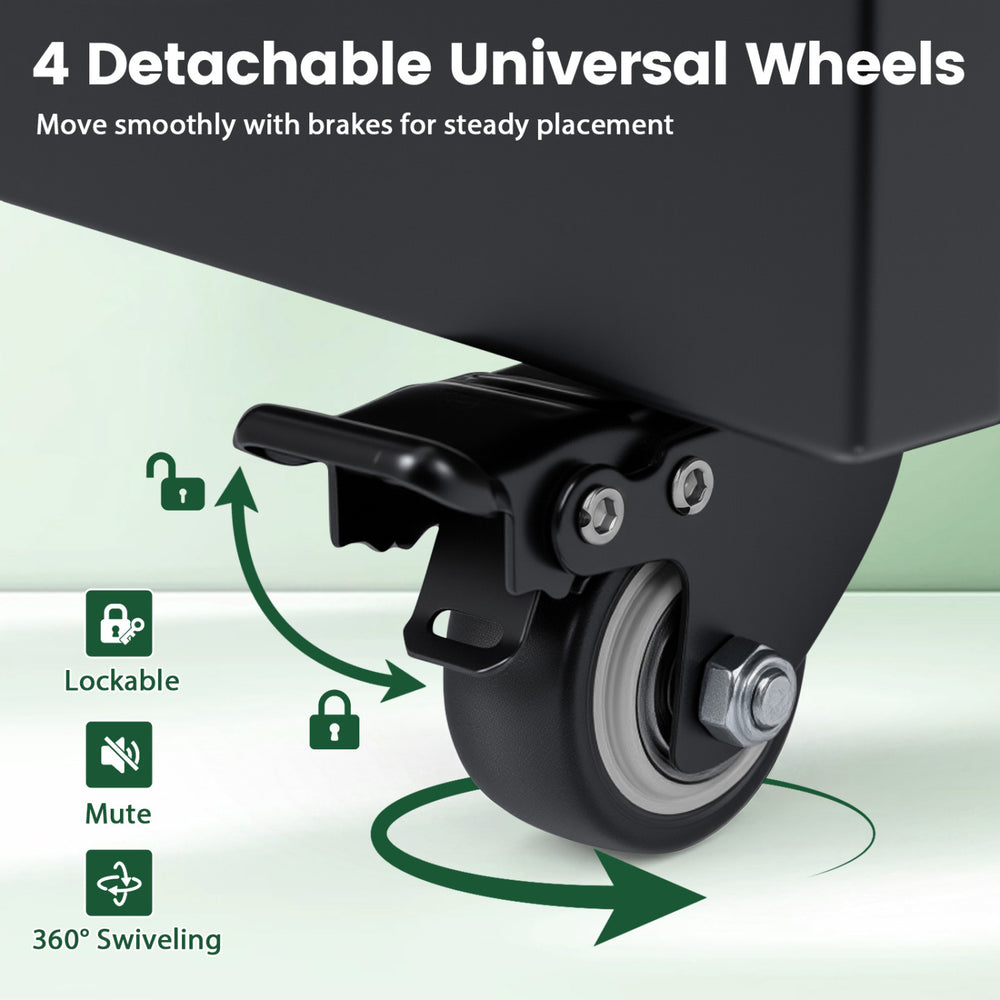 Detachable universal wheels with 360° rotation and locking feature ensure easy mobility and secure placement for the cabinet.
