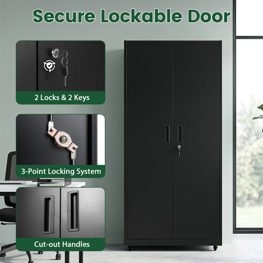 Lockable metal storage cabinet with 3-point locking system, adjustable shelves, and 4 smooth wheels for easy mobility.