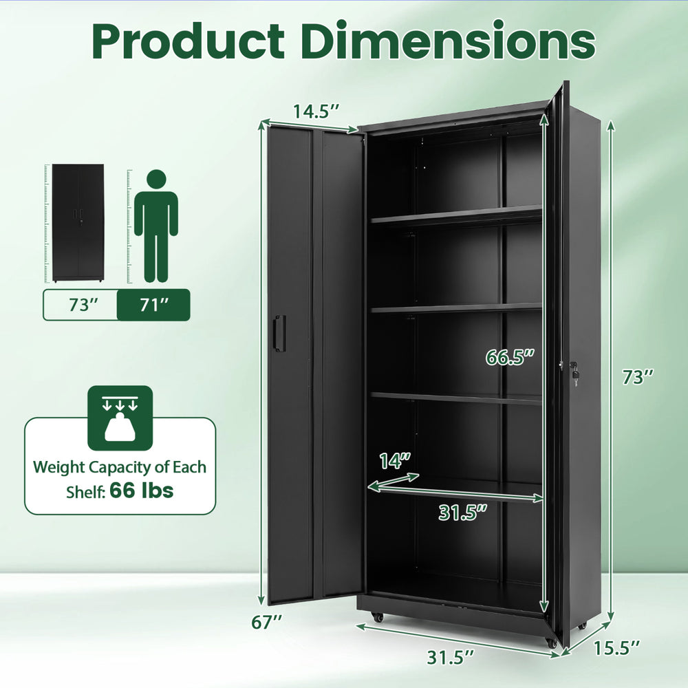 Rolling metal storage cabinet with adjustable shelves, lockable design, and 4 wheels for easy mobility and secure storage.