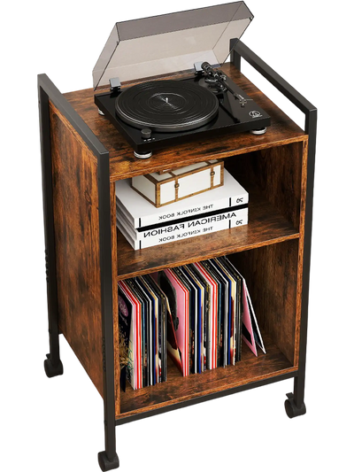 Costway Mobile Record Player Stand Side Table w/ Power Outlet Rustic Brown 783421956 New