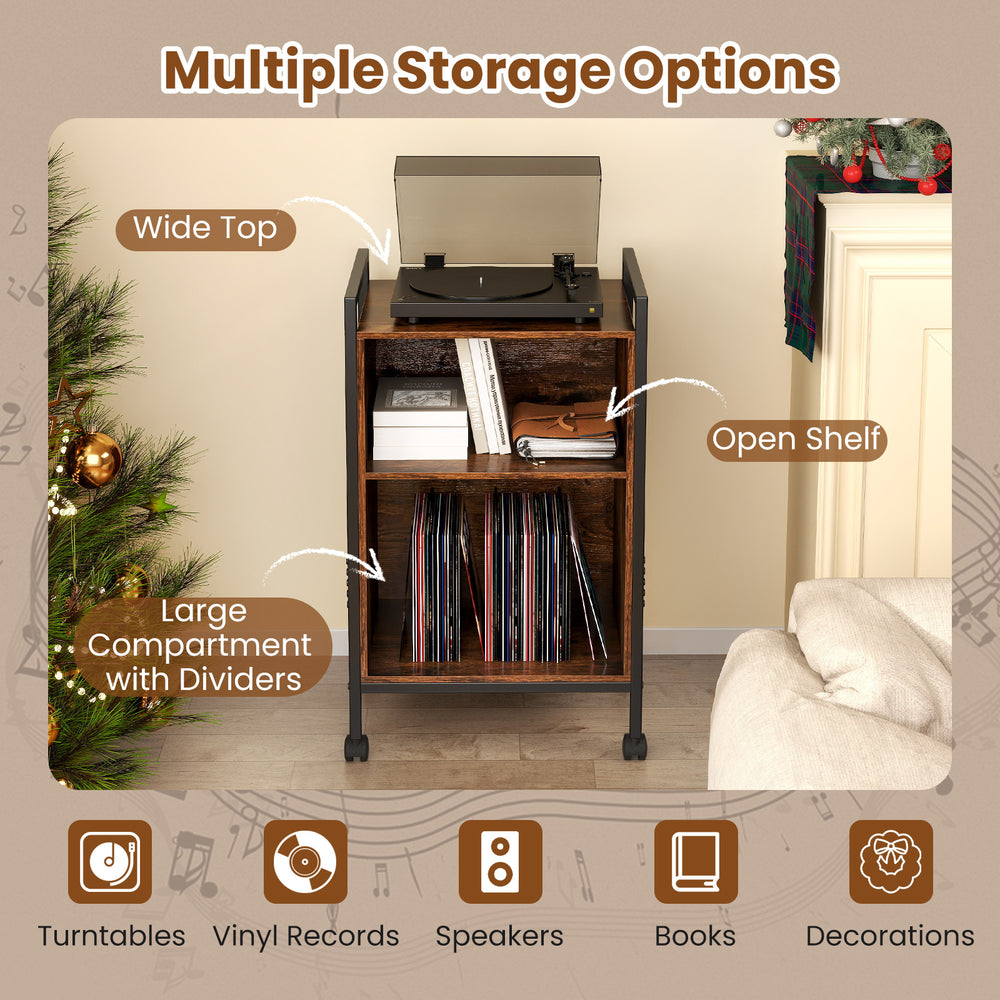 Mobile record player stand in rustic brown with open shelf, dividers, and charging station for vinyl records and.