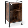 Mobile record player stand in rustic brown with open storage, removable dividers, and rolling wheels for easy mobility.