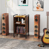 Mobile record player stand in rustic brown with vinyl storage, power outlet, and industrial design for versatile use.