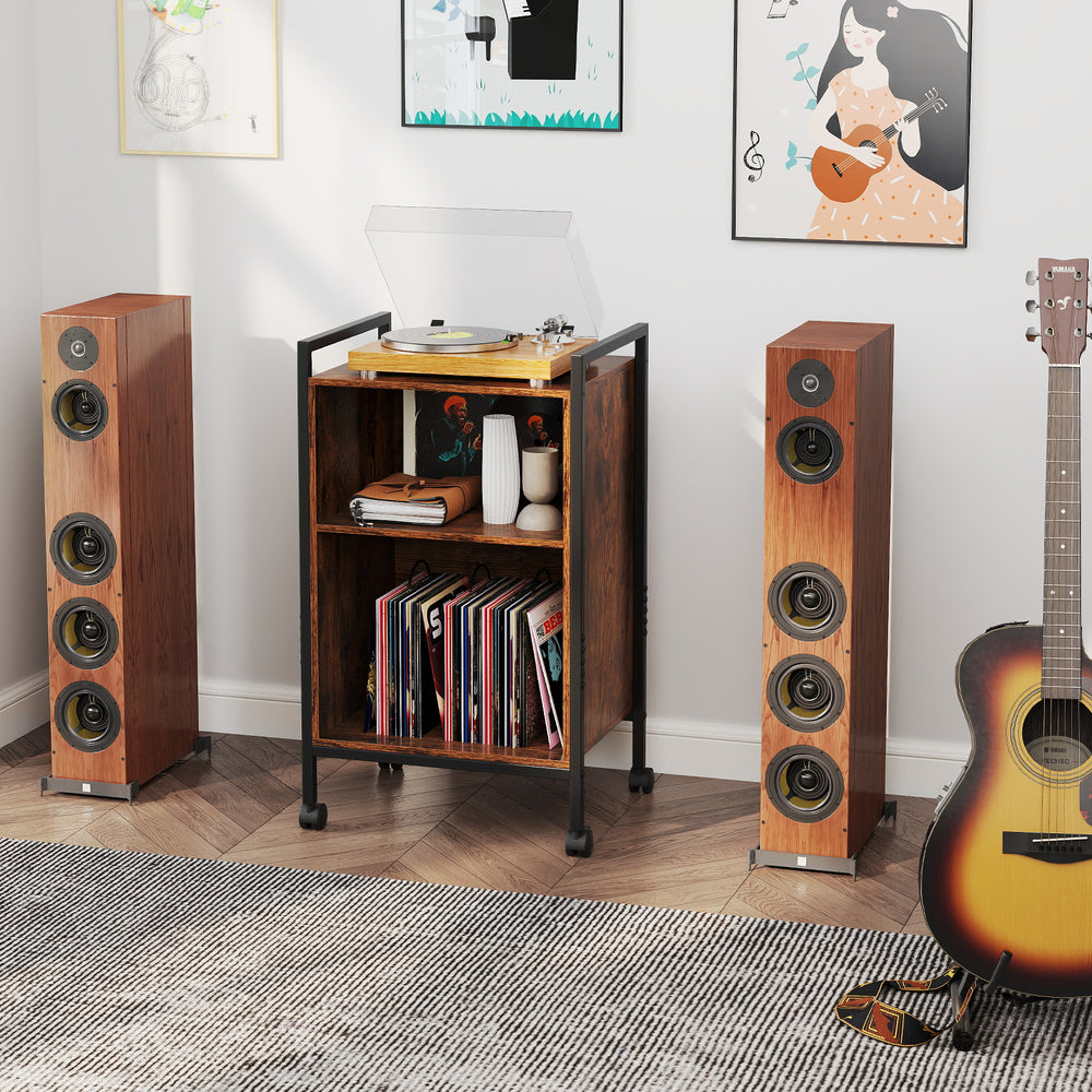 Mobile record player stand in rustic brown with vinyl storage, power outlet, and industrial design for versatile use.